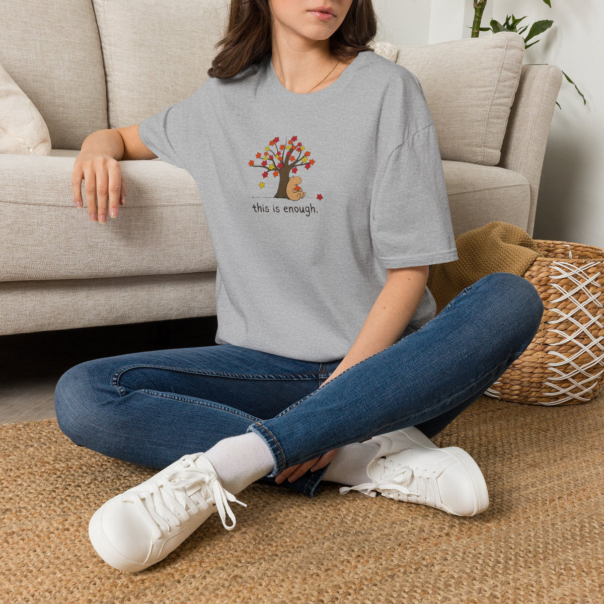 Capy Life grey softstyle t-shirt featuring a capybara under an autumn tree with the text this is enough