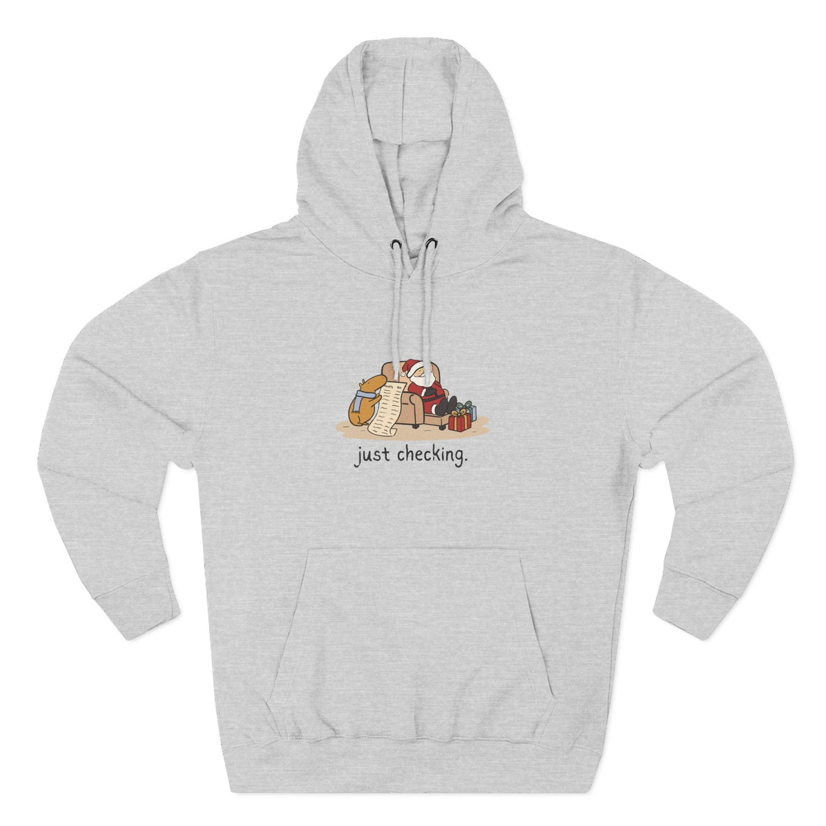 Capy Life grey fleece hoodie featuring a funny illustration of a capybara checking Santa's naughty-or-nice list.
