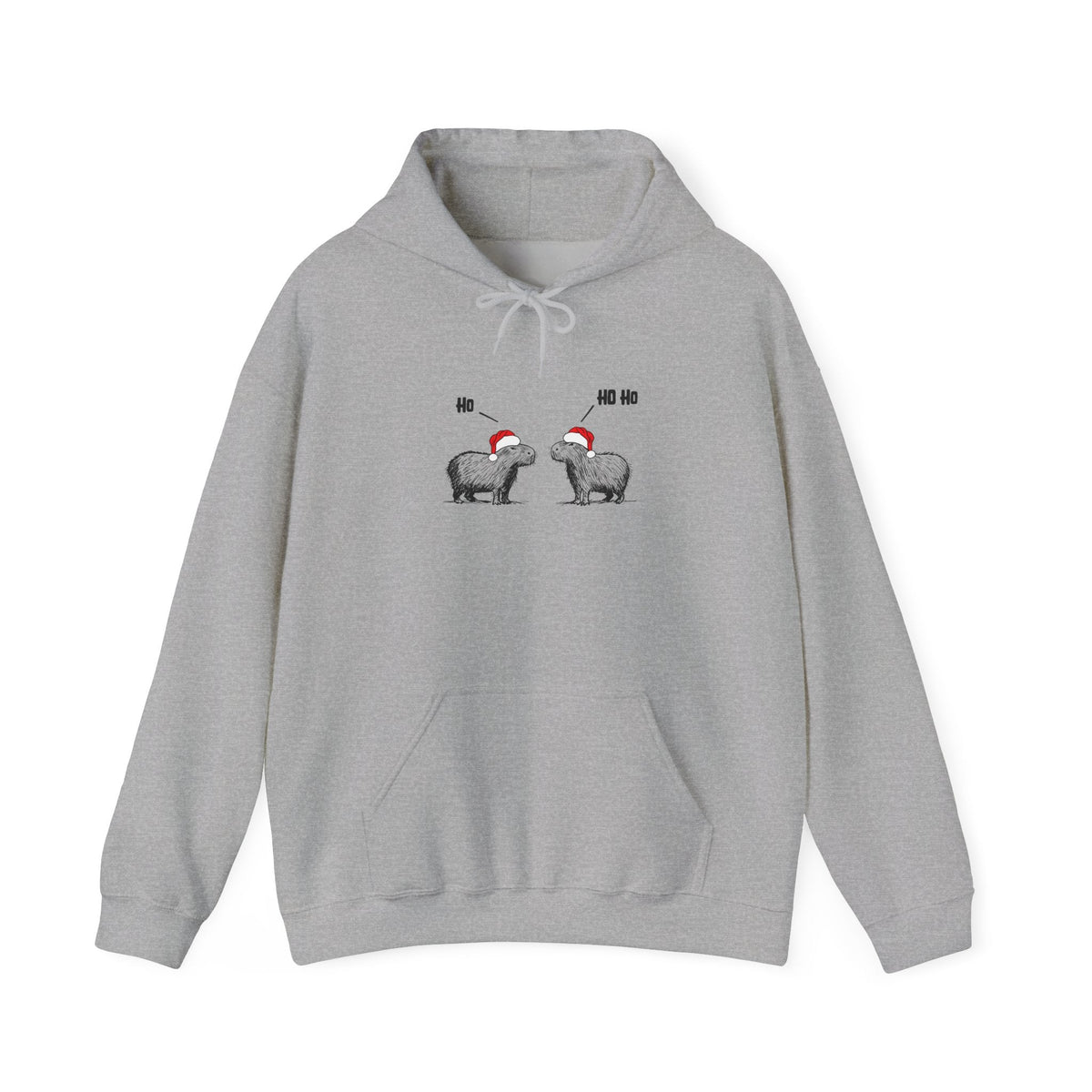 Capy Life grey hoodie featuring a sketch of two capybaras in Santa hats saying Ho and Ho Ho for a funny Christmas look