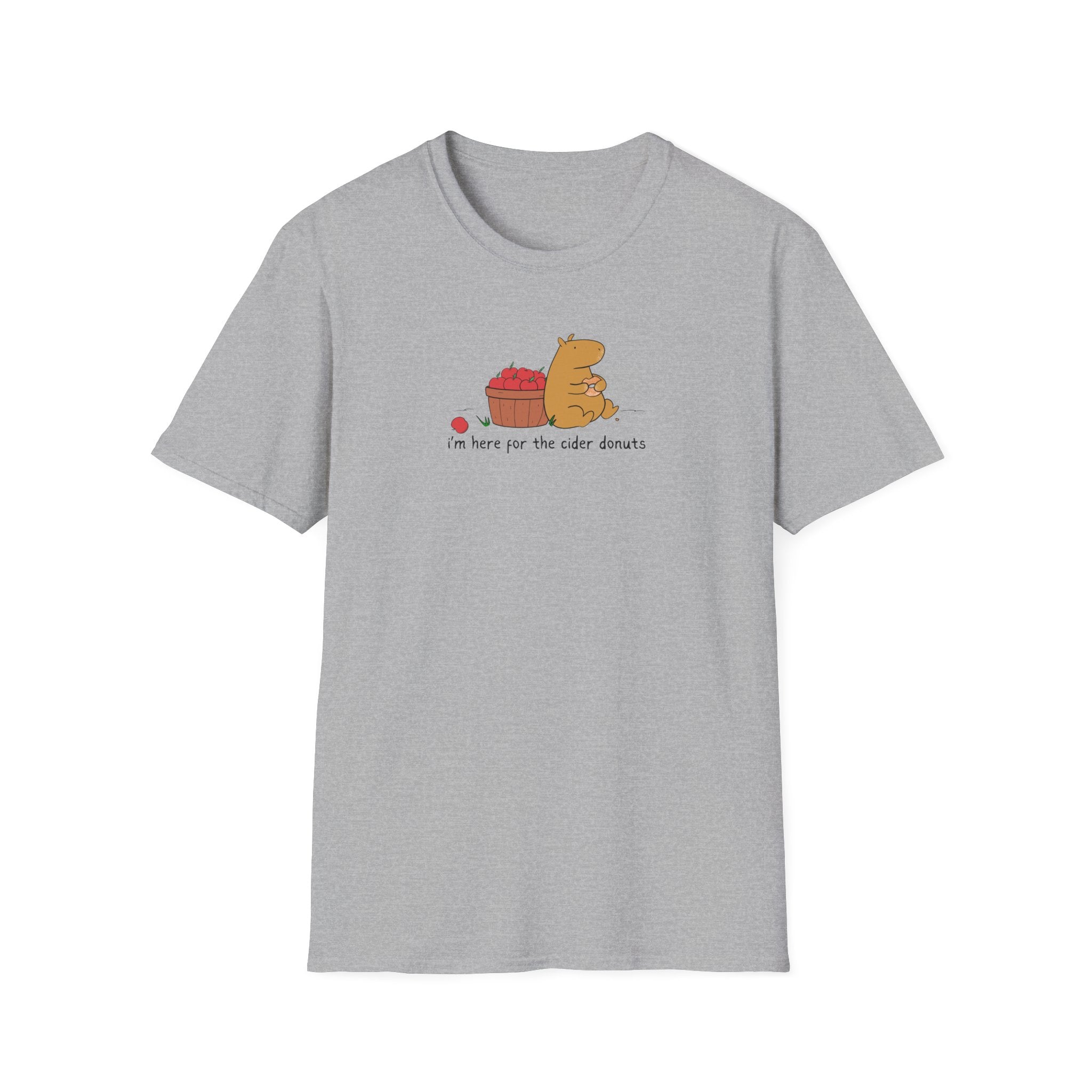 Capy Life grey softstyle t-shirt with a cute capybara illustration eating a cider donut next to a basket of apples.