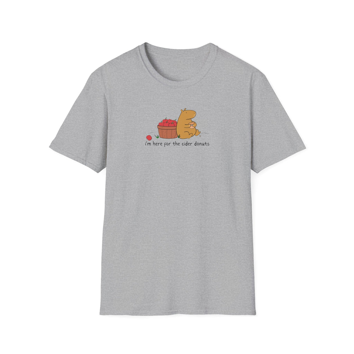 Capy Life grey softstyle t-shirt with a cute capybara illustration eating a cider donut next to a basket of apples.