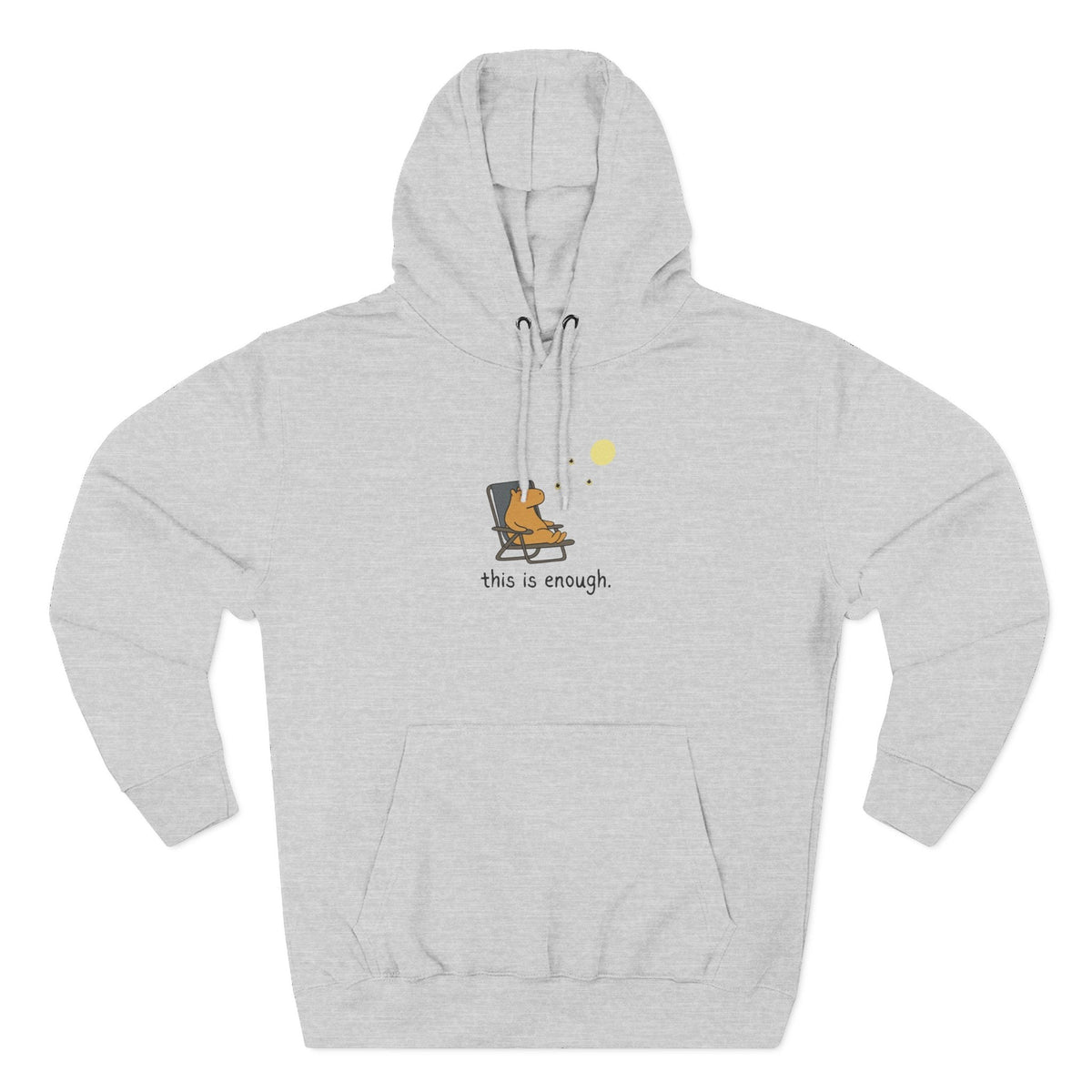 Capy Life grey fleece hoodie featuring a minimalist graphic of a capybara in a chair under a moon with text.