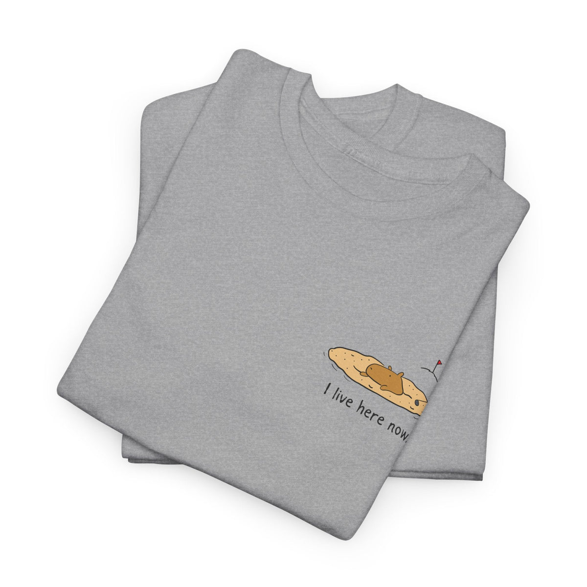 Capy Life grey heavyweight cotton t-shirt featuring a small capybara in a sand bunker graphic on the left chest.