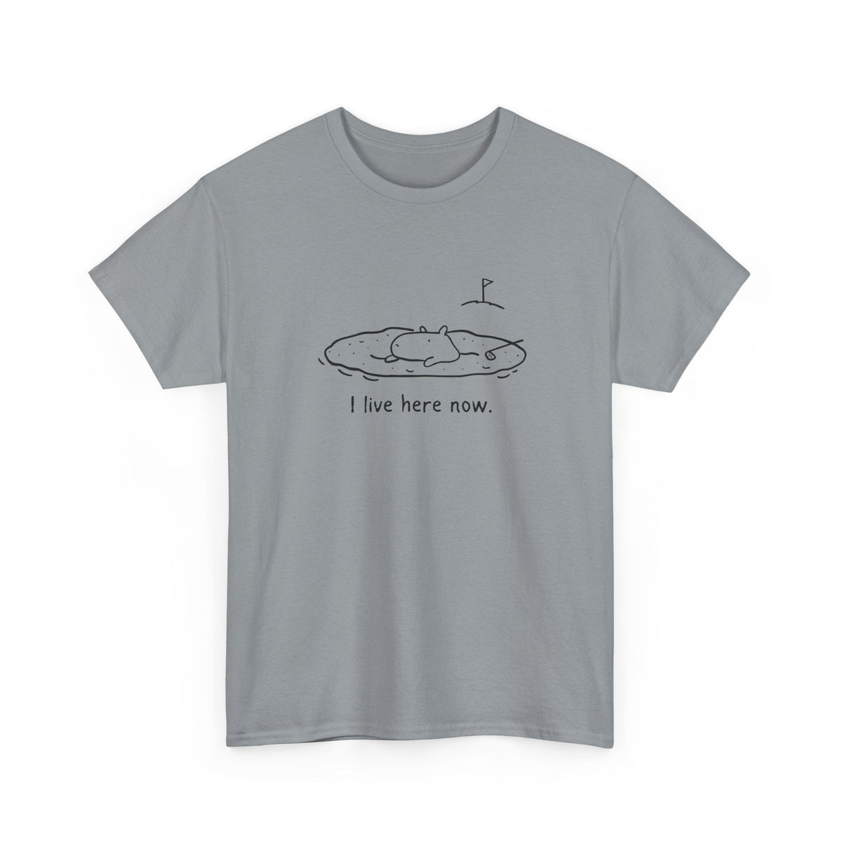 Capy Life grey heavy cotton t-shirt featuring a minimalist line drawing of a capybara relaxing in a golf sand bunker.