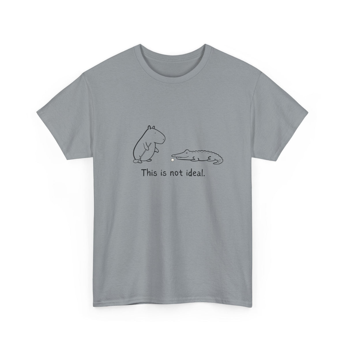 Capy Life grey heavy cotton t-shirt featuring a minimalist graphic of a capybara and alligator with golf humor text.