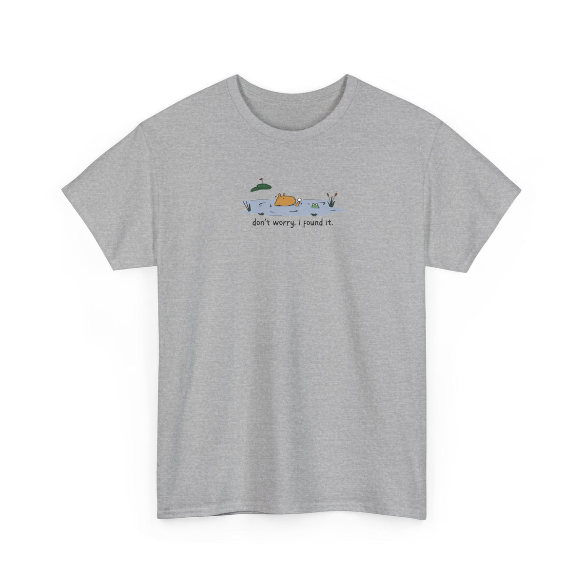 Capy Life grey heavy cotton t-shirt with a small illustration of a capybara in a water hazard and golf text.