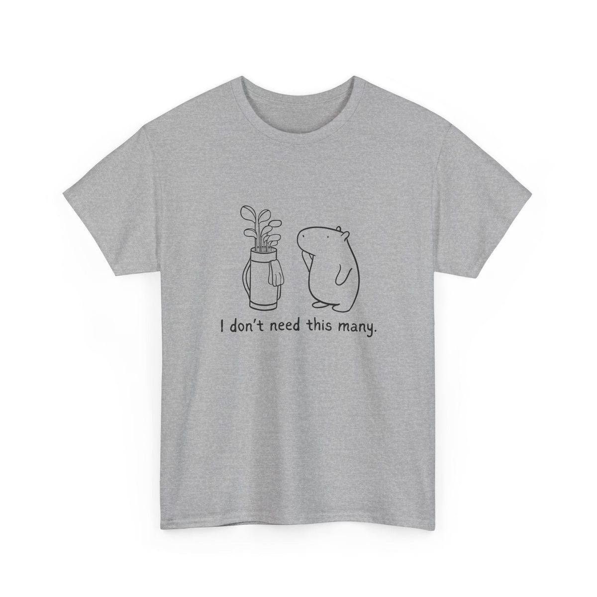 Capy Life grey heavy cotton t-shirt featuring a minimalist line drawing of a capybara next to a full golf bag.