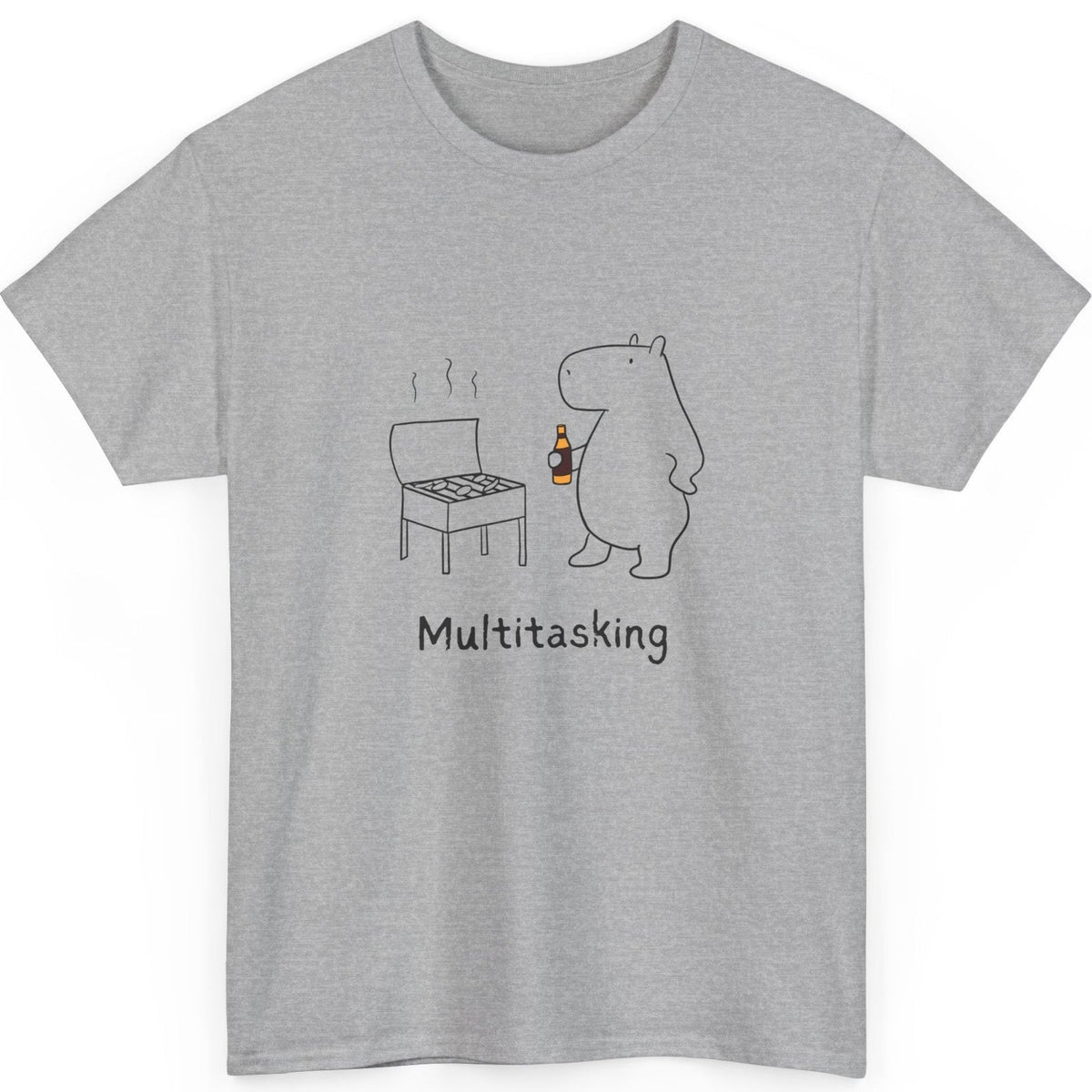 Capy Life grey heavy cotton t-shirt featuring a minimalist illustration of a capybara grilling with a drink.