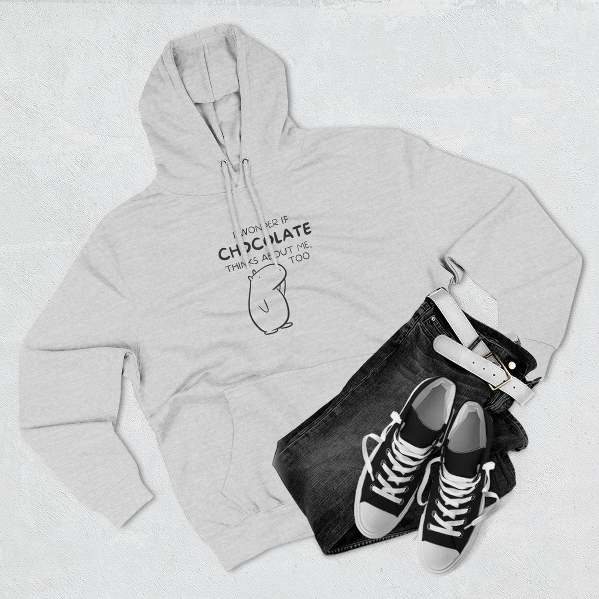 Capy Life premium light grey hoodie featuring Gene the Capybara line art and the text I wonder if chocolate thinks about me too