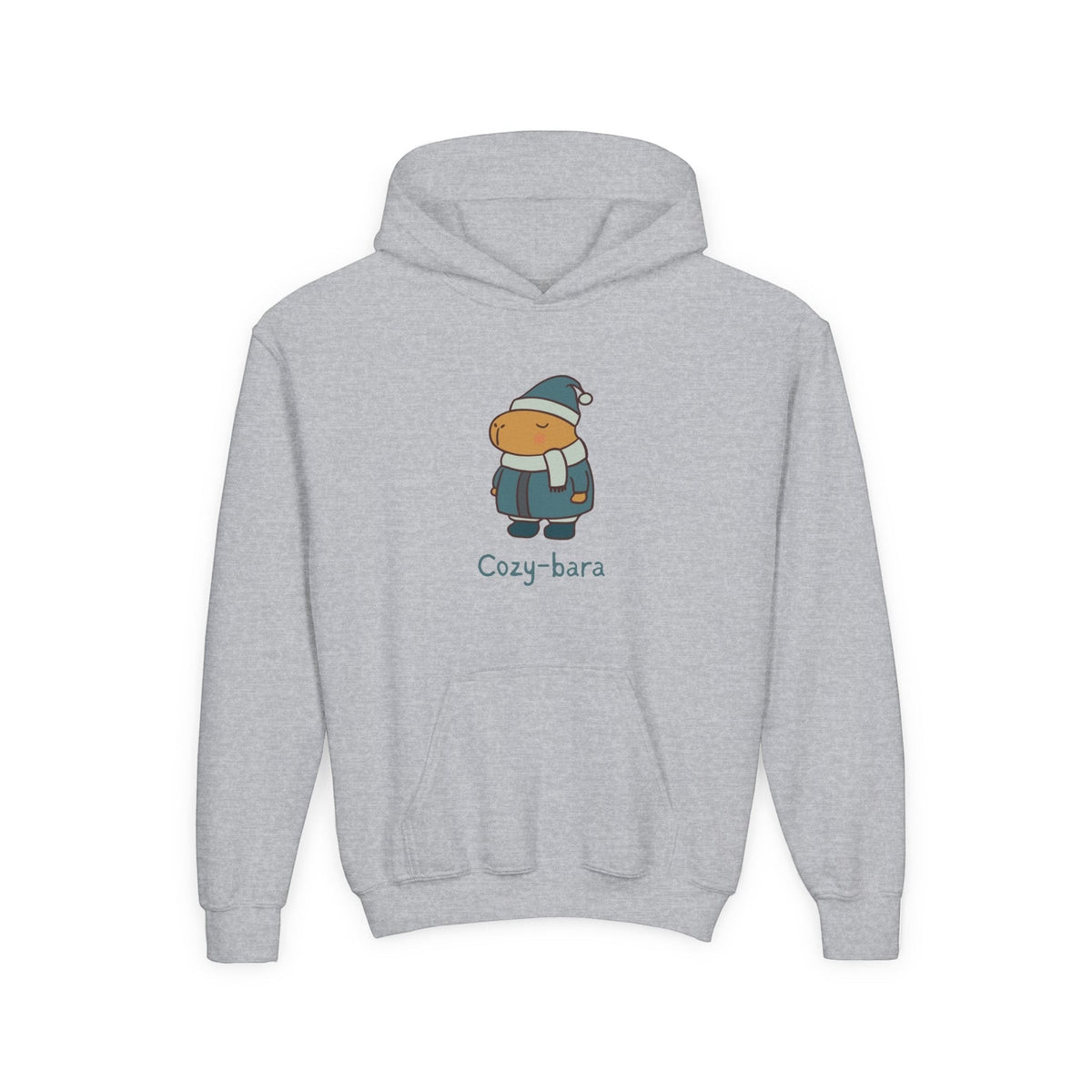 Capy Life grey kids hoodie featuring a cute capybara in a winter puffer coat, knit hat, and scarf with kangaroo pocket