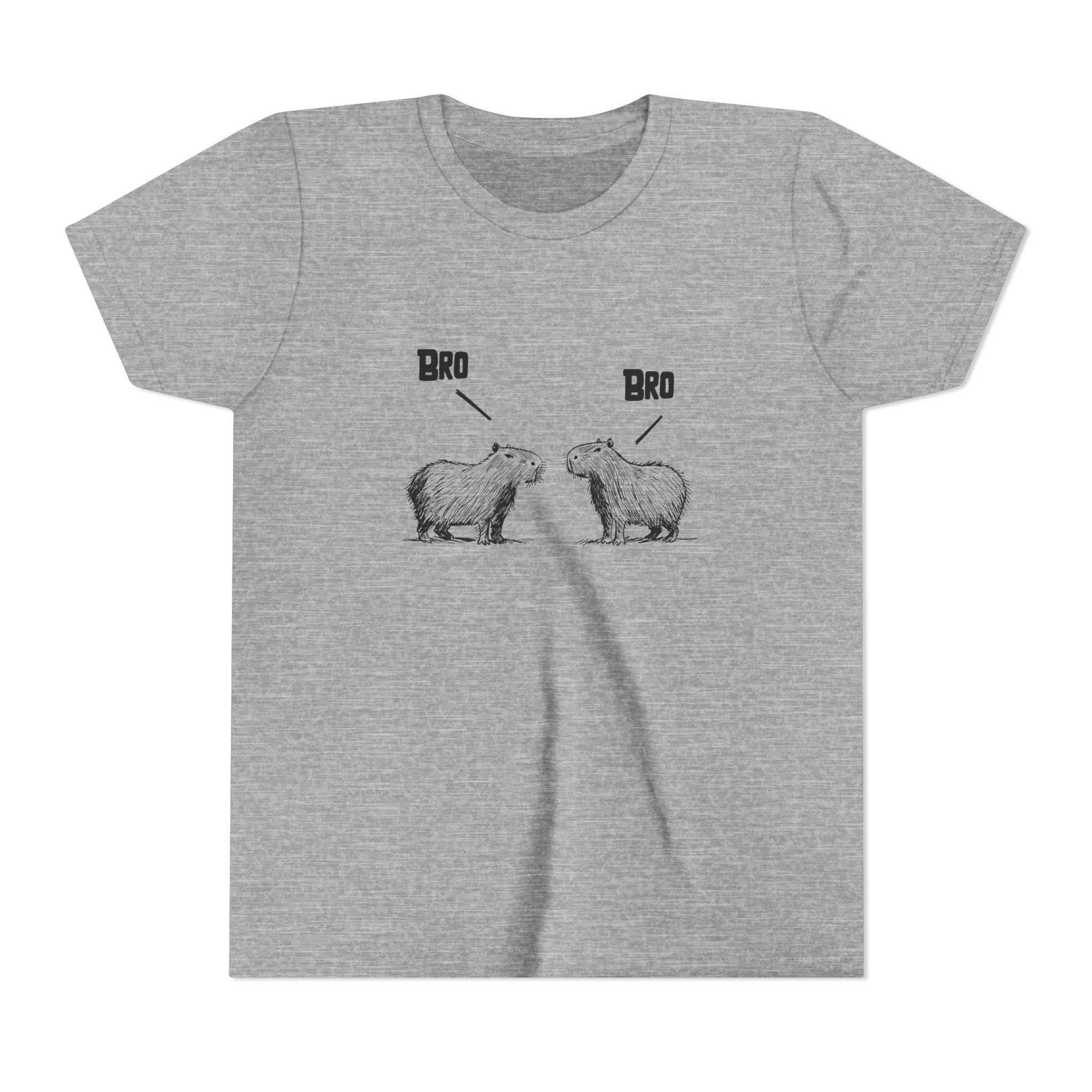 Capy Life grey youth t-shirt featuring a sketch-style illustration of two capybaras saying Bro to each other.