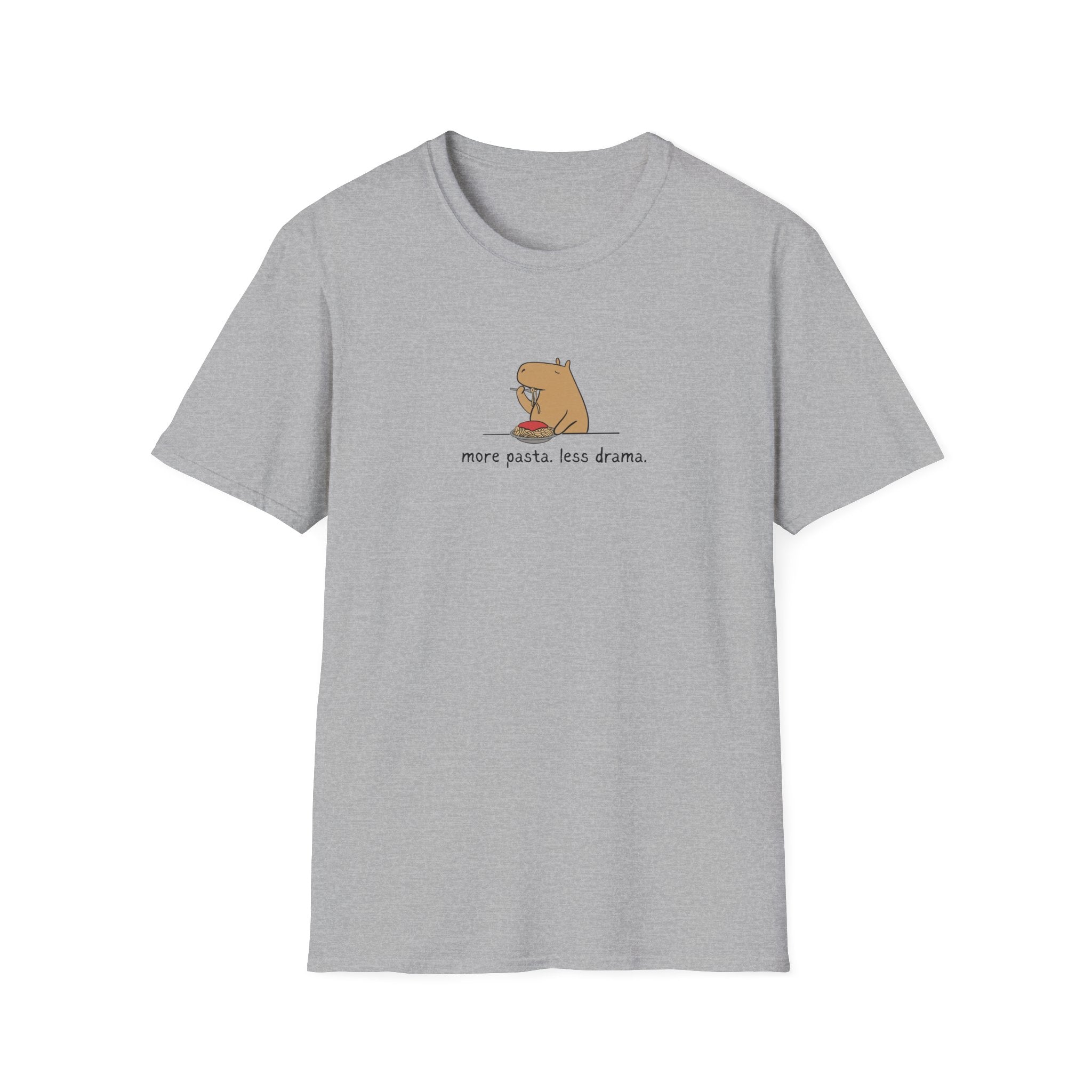 Capy Life grey softstyle t-shirt featuring a minimalist illustration of a capybara eating spaghetti with text.