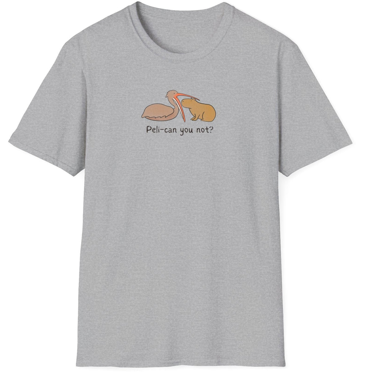 Capy Life grey softstyle t-shirt featuring a hand-drawn pelican and unimpressed capybara with Peli-can you not text.
