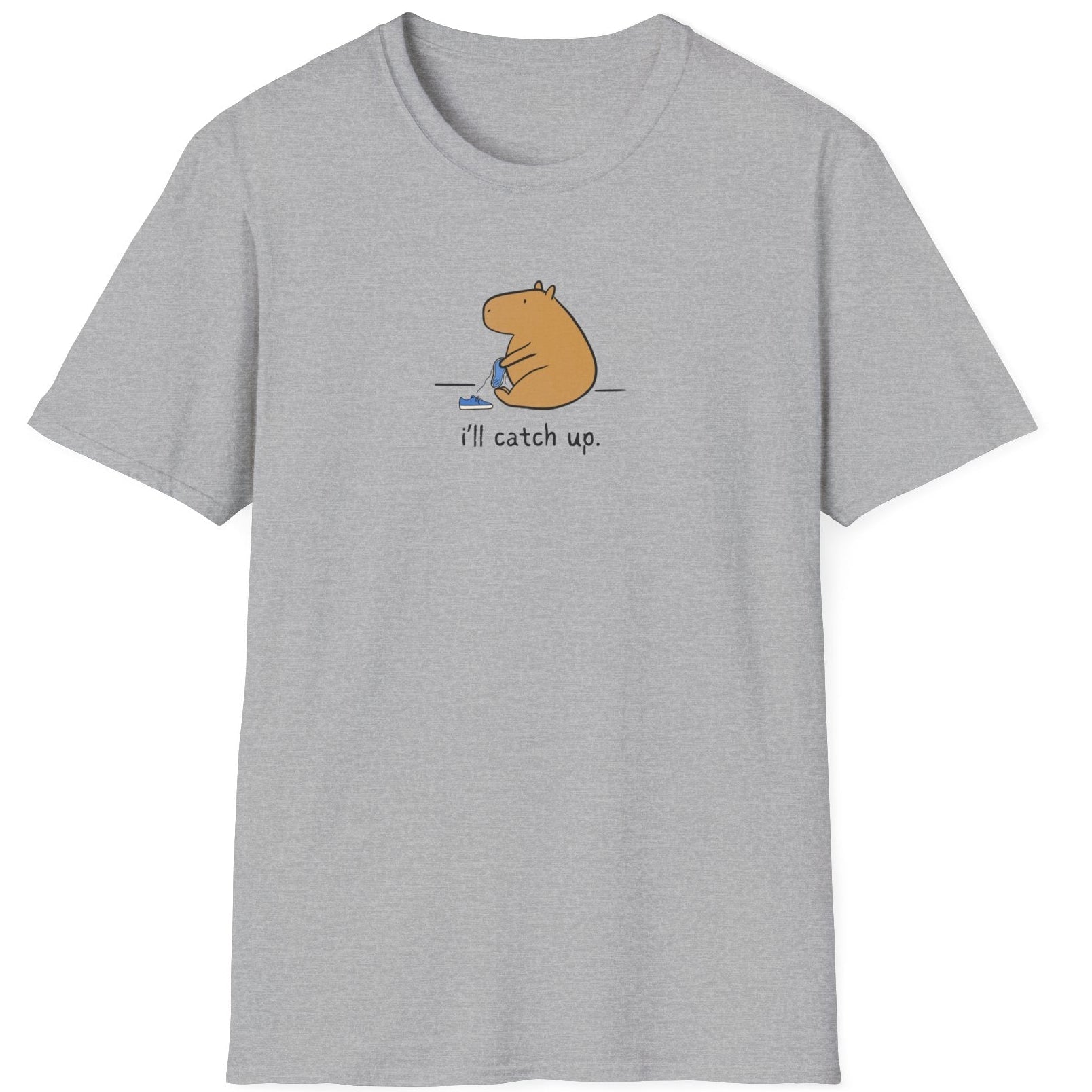 Capy Life grey softstyle t-shirt with a minimalist capybara illustration and the text i'll catch up.