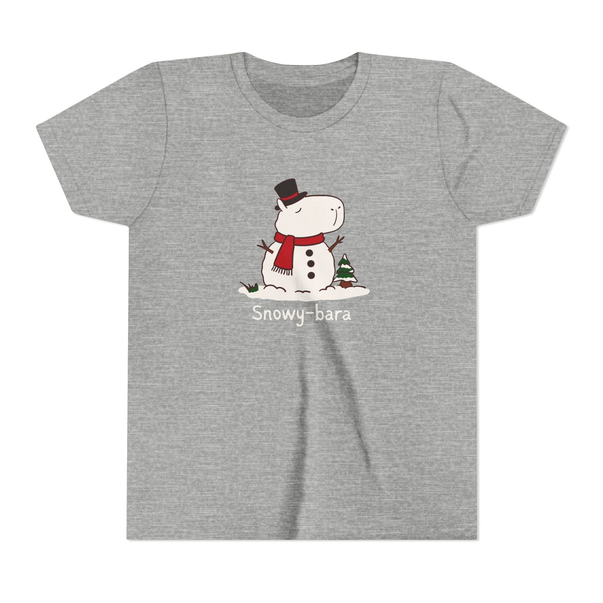 Capy Life grey youth t-shirt featuring a cute Snowy-bara snowman capybara illustration with a red scarf and top hat.