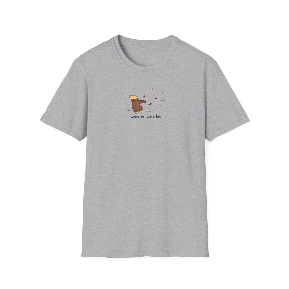 Capy Life grey softstyle t-shirt featuring a minimalist illustration of a capybara in a brown sweater in autumn.