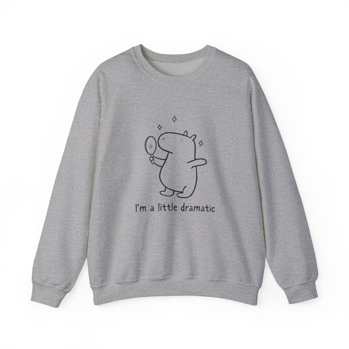 Capy Life grey crewneck sweatshirt featuring a line-art capybara holding a mirror with the text I'm a little dramatic