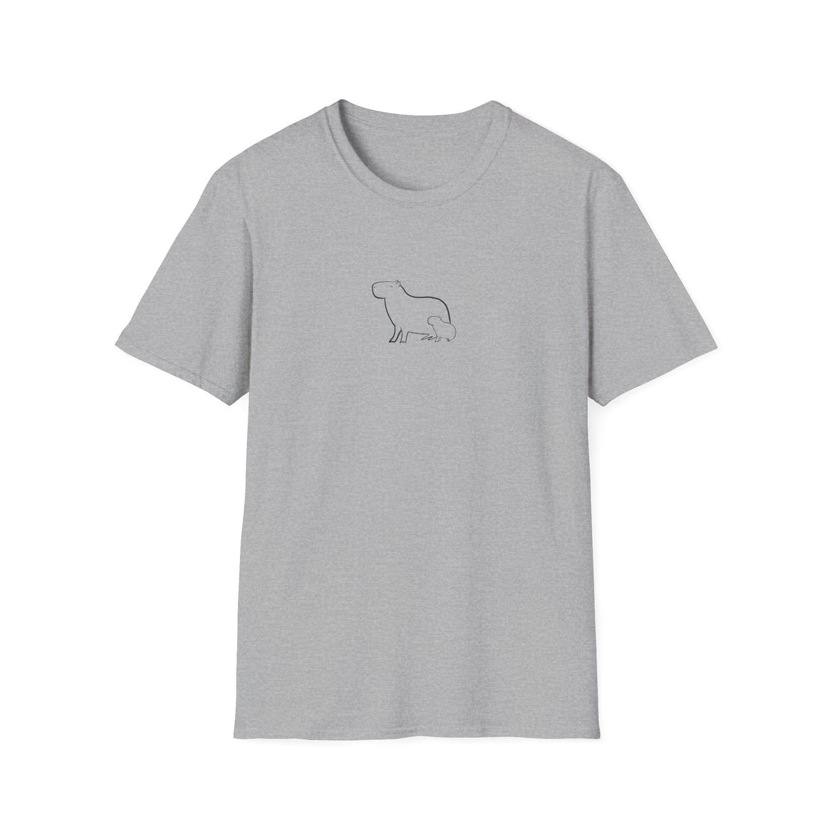 Capy Life grey cotton t-shirt featuring a minimalist black line art illustration of a mother and baby capybara.