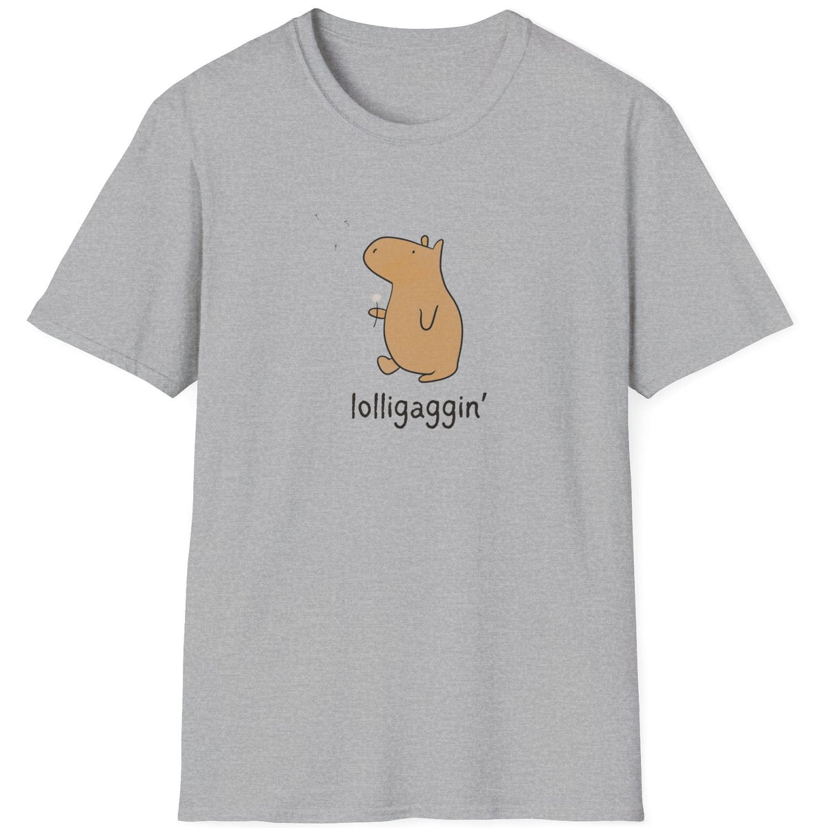 Capy Life grey softstyle t-shirt featuring a hand-drawn capybara holding a dandelion with the text lolligaggin