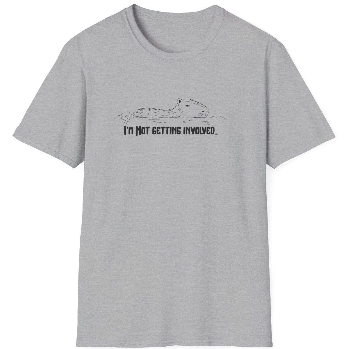 Capy Life grey softstyle t-shirt featuring a hand-drawn capybara floating in water with the text I'm Not Getting Involved