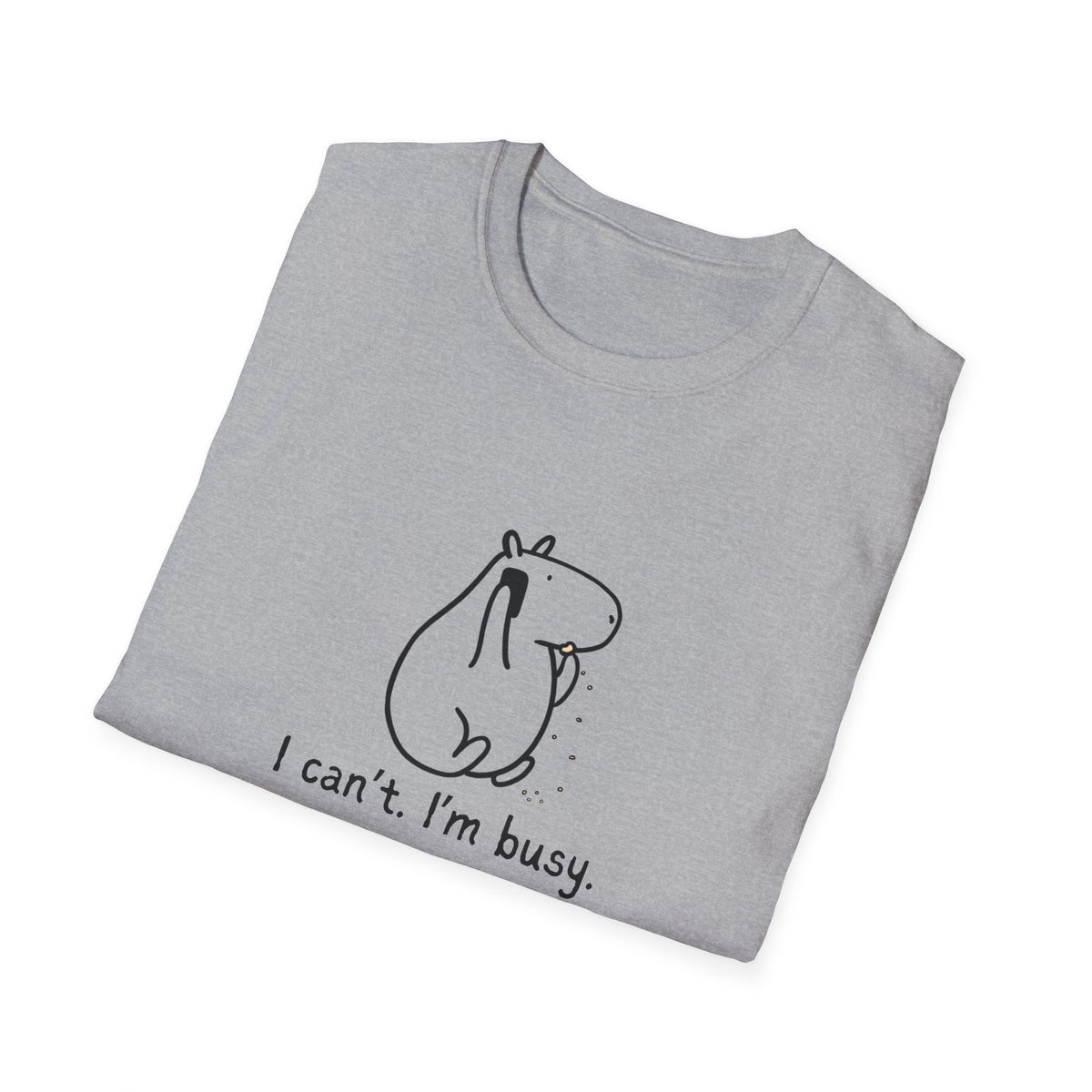 Capy Life grey softstyle t-shirt featuring a minimalist line drawing of a capybara and the text I can't. I'm busy.