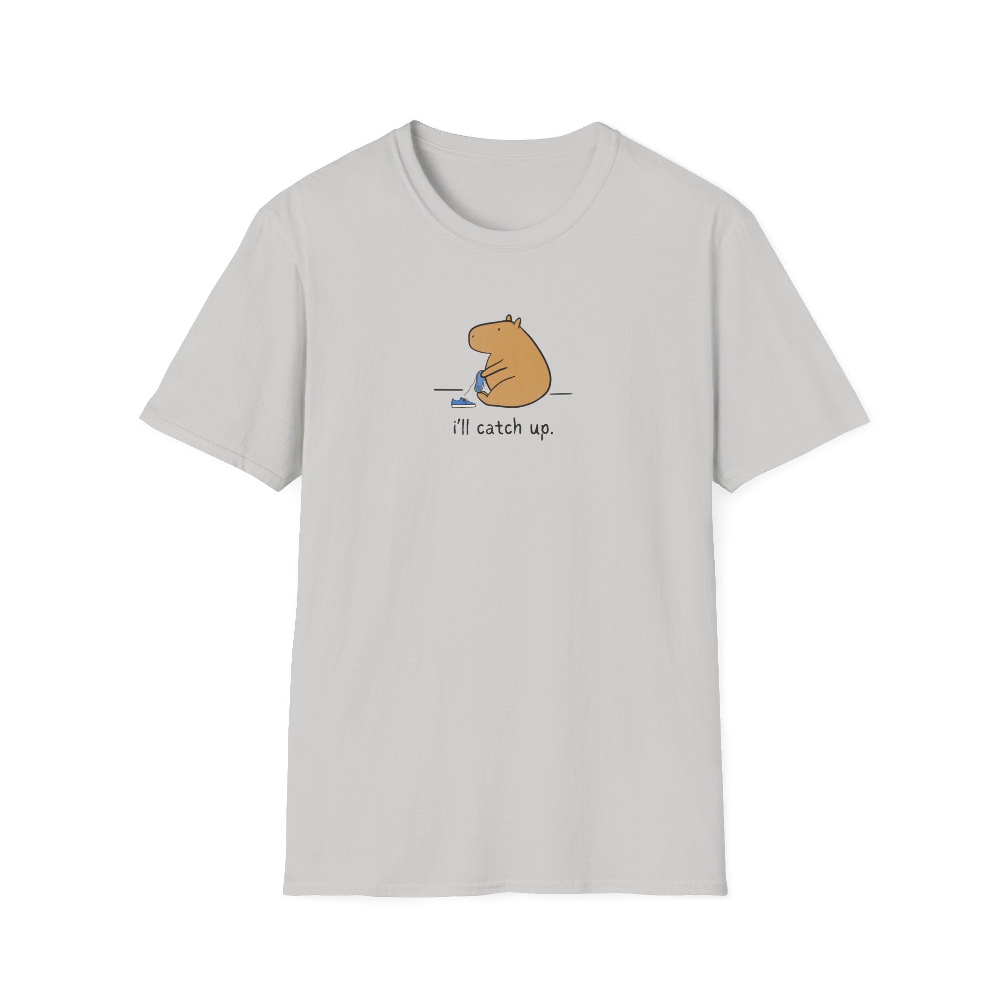 Capy Life light grey softstyle t-shirt featuring a hand-drawn capybara graphic with the text i'll catch up.