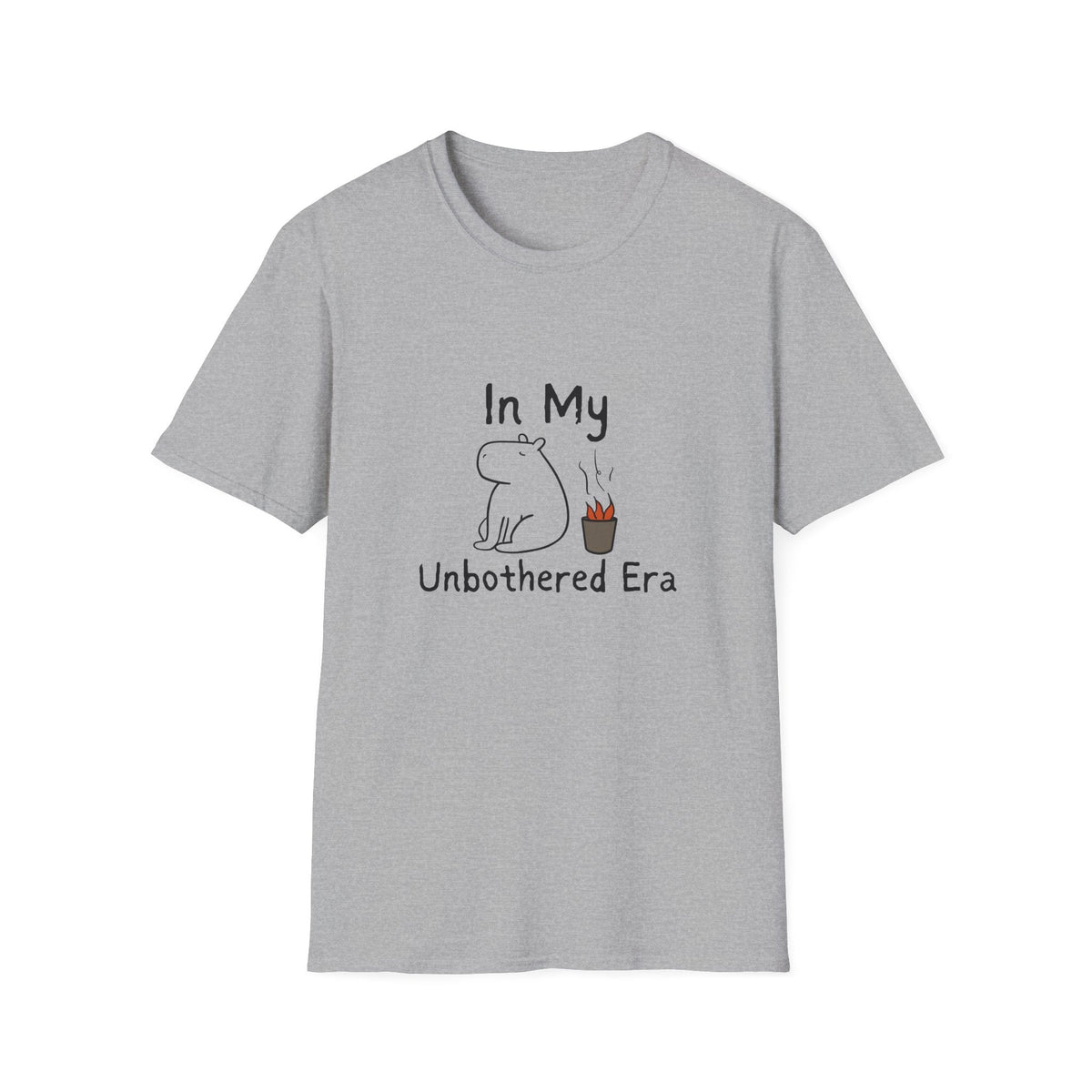Capy Life grey softstyle t-shirt featuring a hand-drawn capybara sitting calmly by a small fire with text