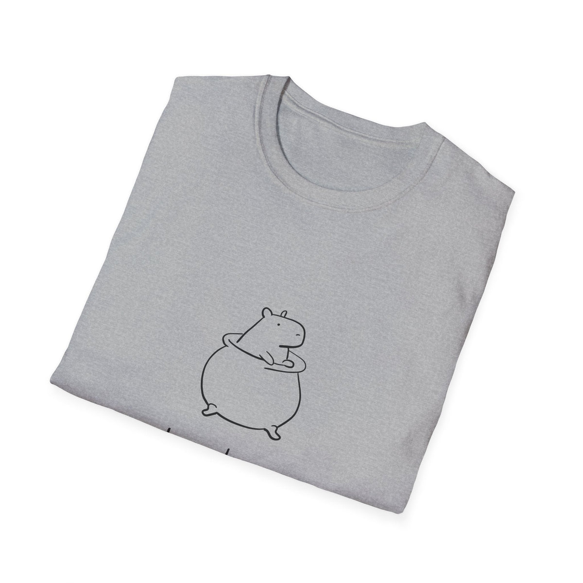 Capy Life grey softstyle t-shirt featuring a minimalist line drawing of a capybara sitting inside a cooking pot.
