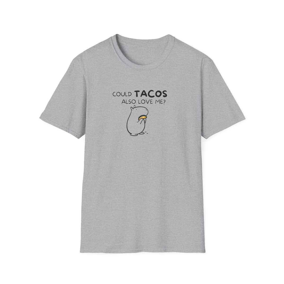 Capy Life grey crewneck t-shirt featuring a minimalist black line art graphic of a capybara holding a taco.