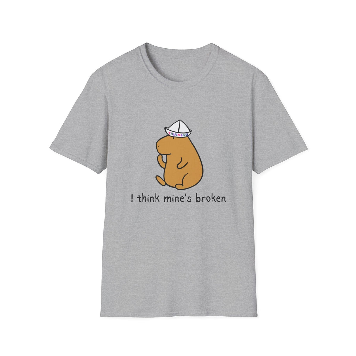 Capy Life grey softstyle t-shirt featuring a capybara wearing a paper thinking cap with the text I think mine's broken