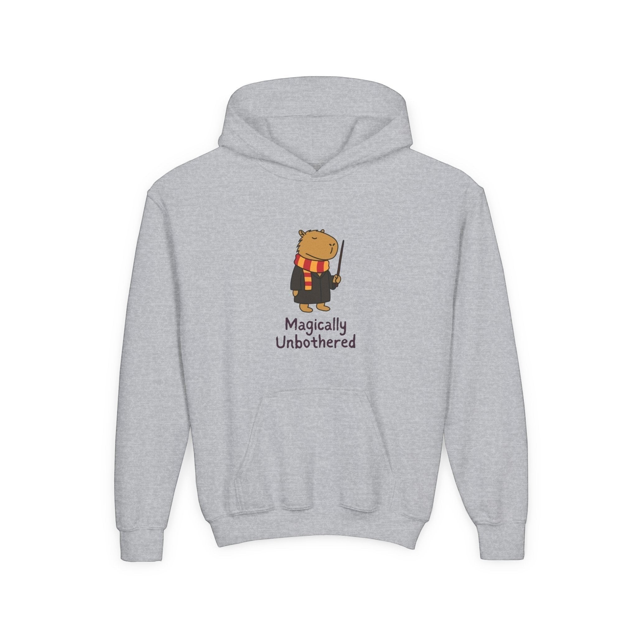 Capy Life kids grey hoodie featuring a cute capybara wizard illustration with a wand and scarf.