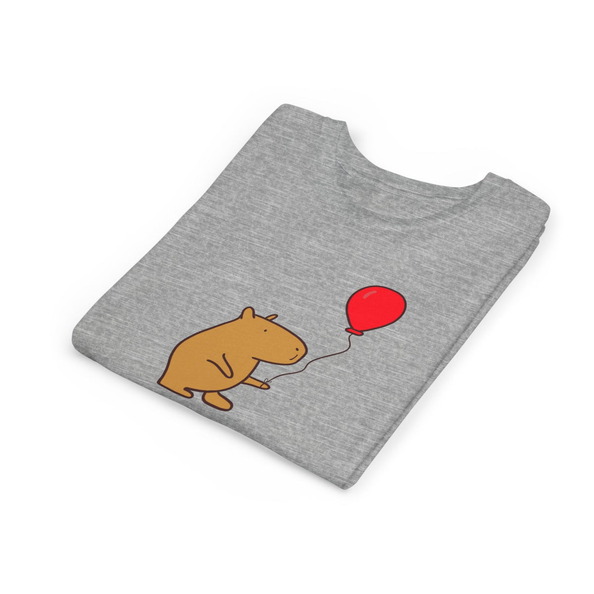 Capy Life grey youth t-shirt featuring a cute capybara holding a red balloon with the text Up to Something
