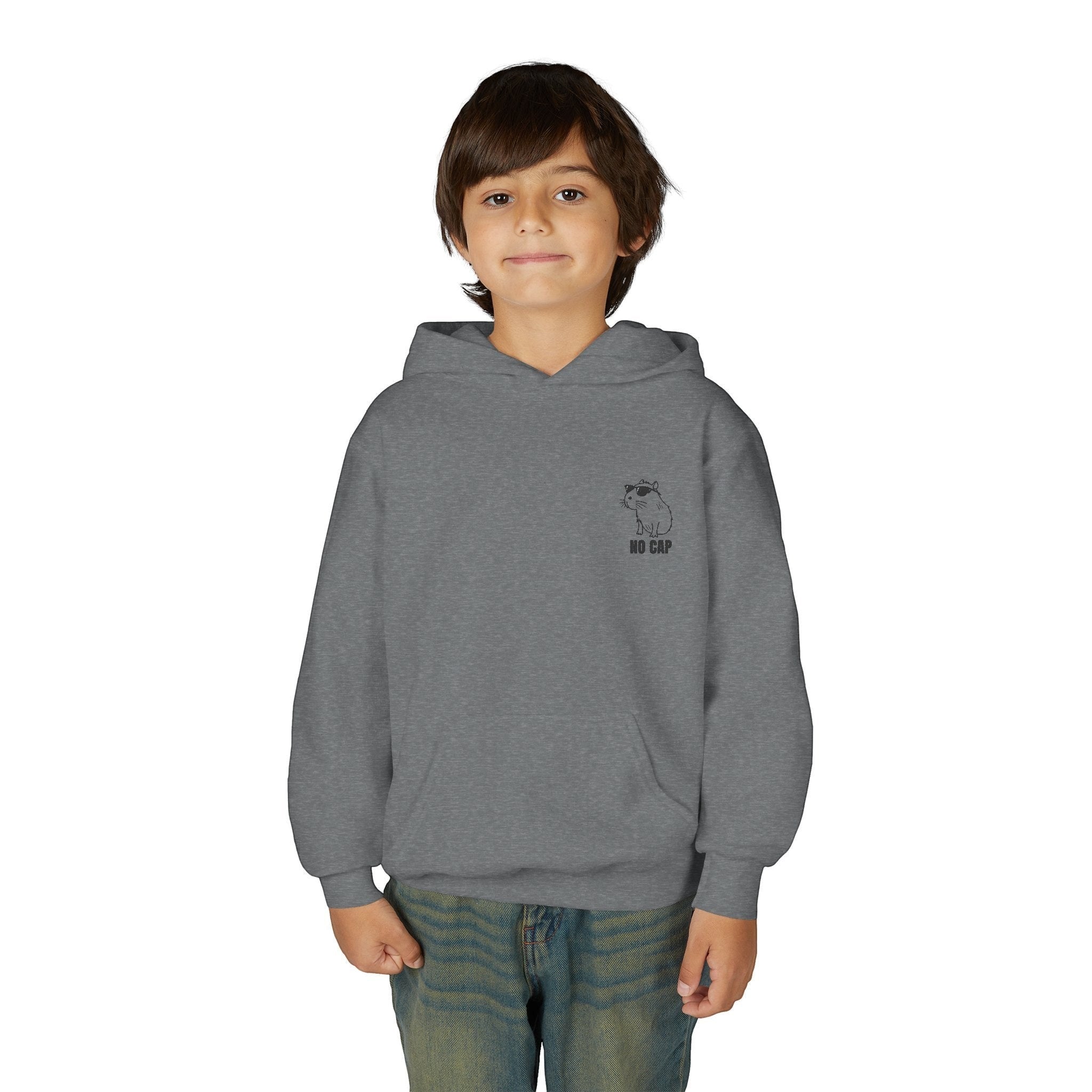 Capy Life grey youth hoodie featuring a small embroidered capybara and No Cap text on the chest, worn by a young boy.