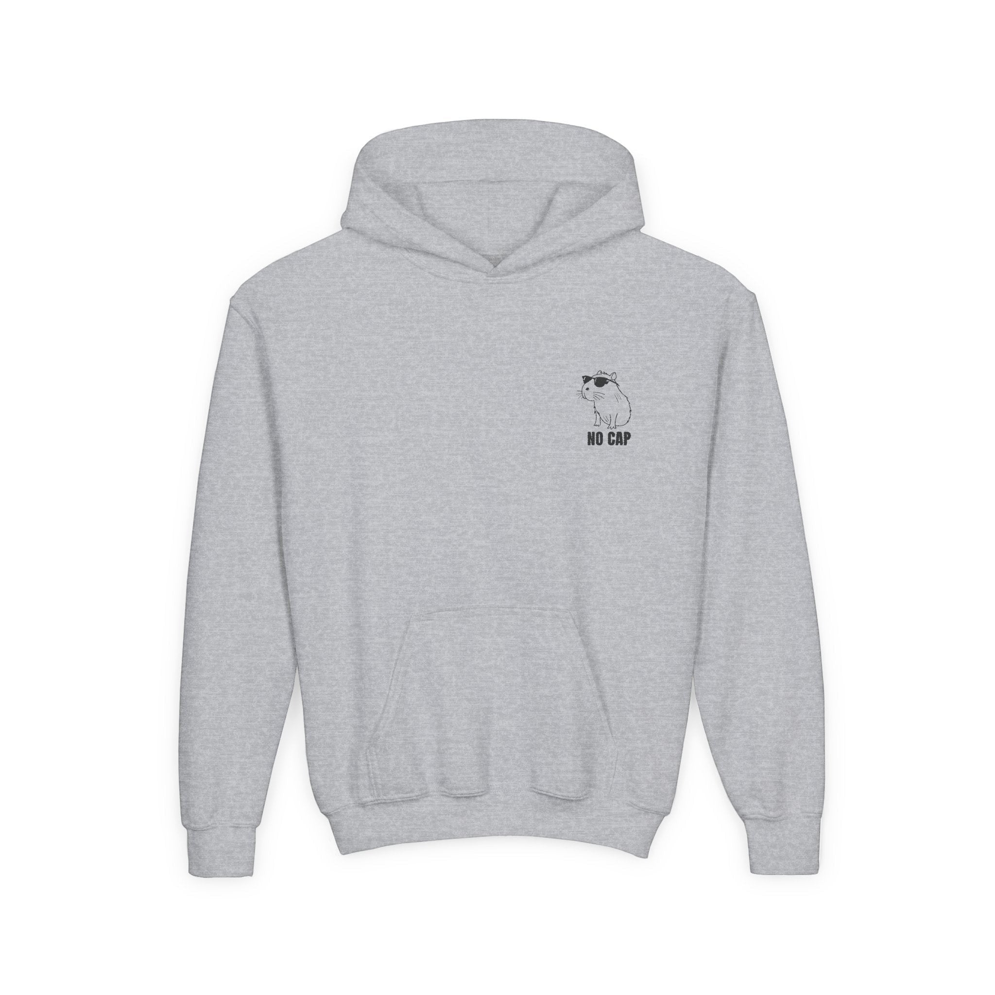 Capy Life grey youth hoodie with a minimalist embroidered capybara wearing sunglasses and the text No Cap on the chest