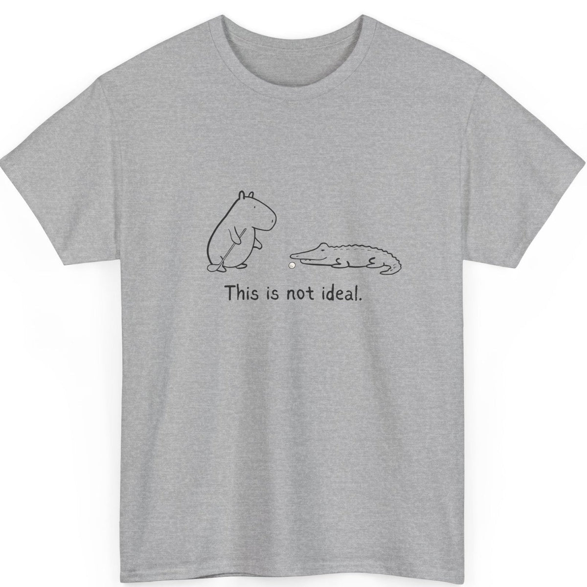 Capy Life grey heavy cotton t-shirt featuring a minimalist illustration of a capybara and alligator on a golf course.