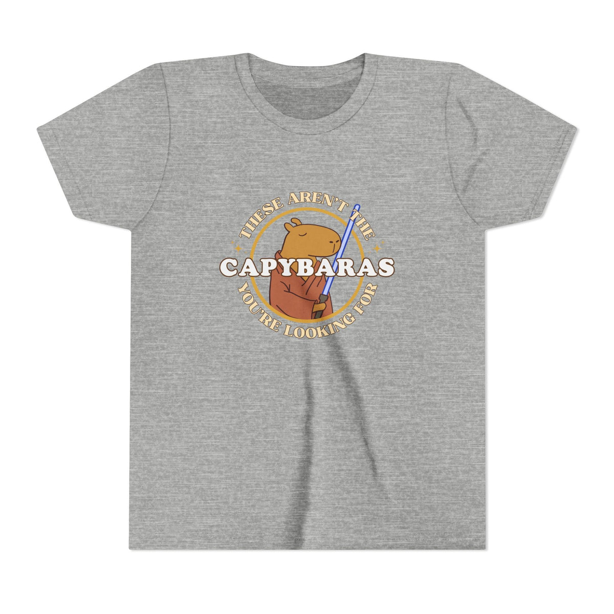 Capy Life youth heather grey t-shirt featuring a comic-style Jedi capybara graphic with a lightsaber and text.