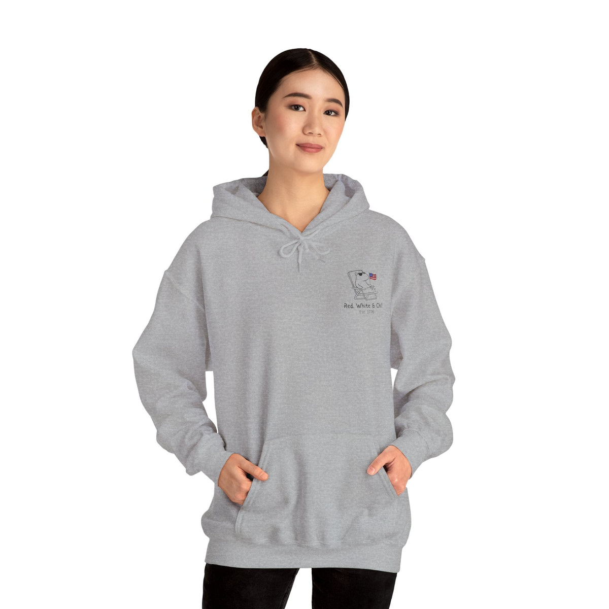 Capy Life grey pullover hoodie featuring a minimalist capybara graphic with an American flag and Red White & Chill text.