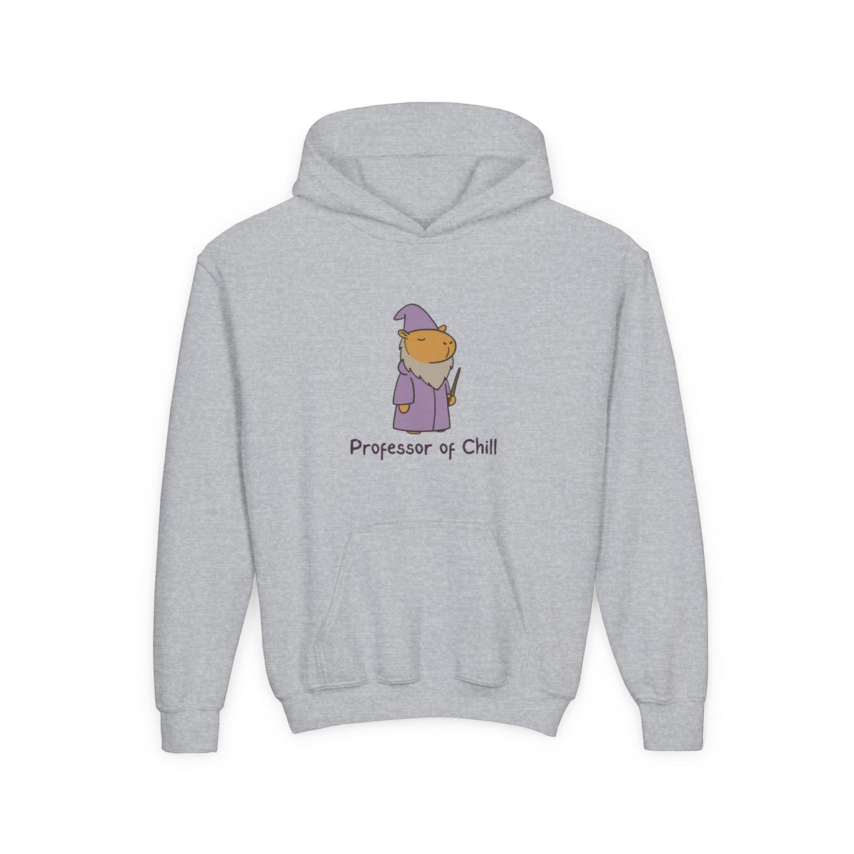 Capy Life kids grey hoodie featuring a cute wizard capybara graphic with the text Professor of Chill