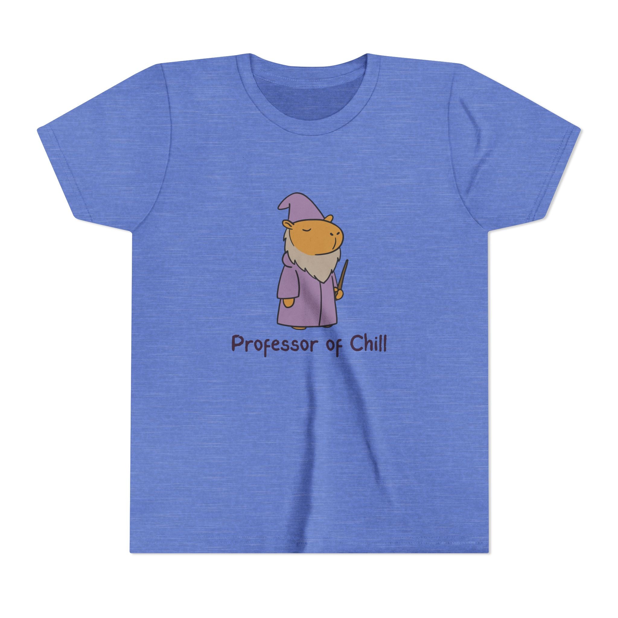 Capy Life youth t-shirt in heather blue featuring a wizard capybara graphic with the text Professor of Chill