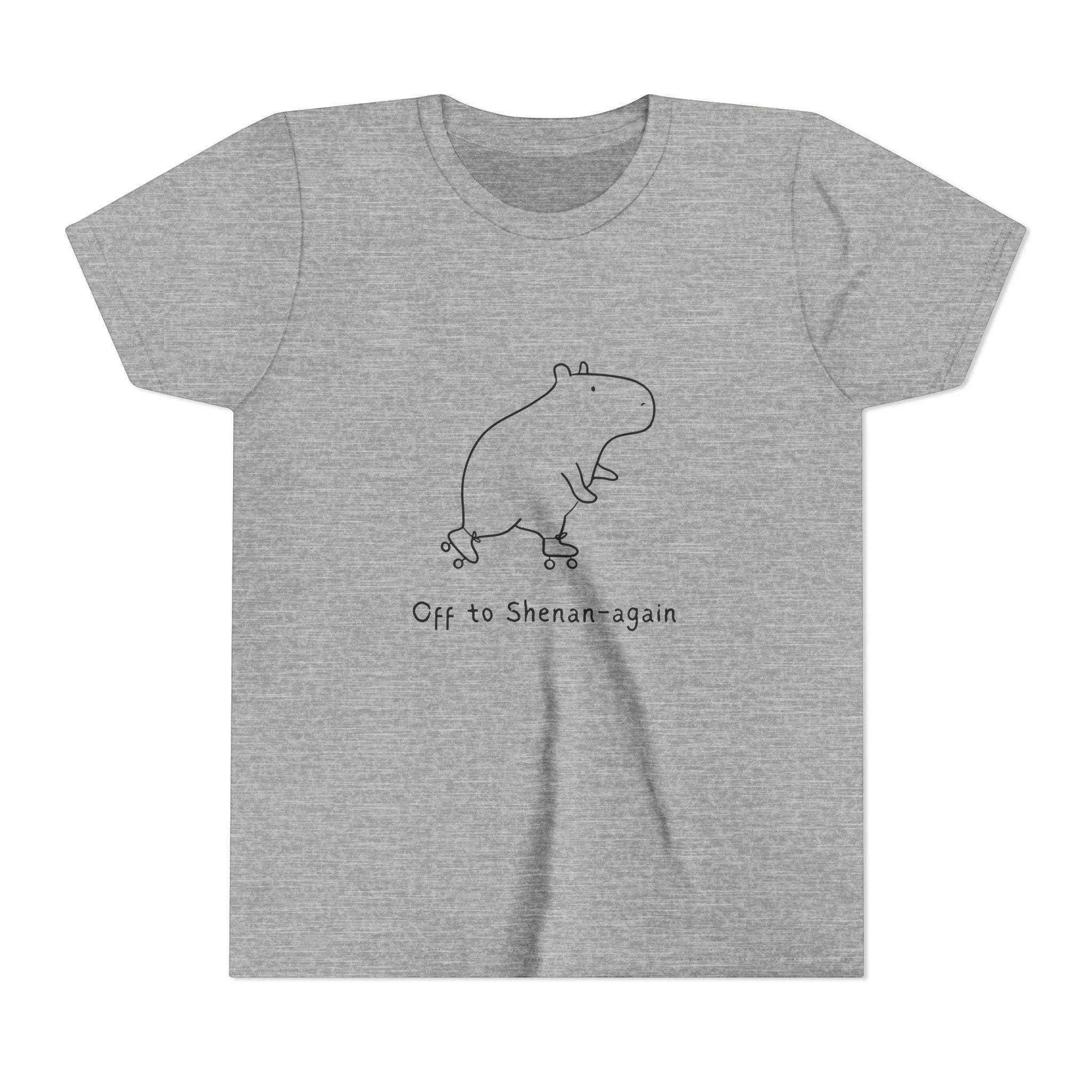 Capy Life heather grey kids graphic tee featuring a doodle of a capybara on roller skates with funny text.