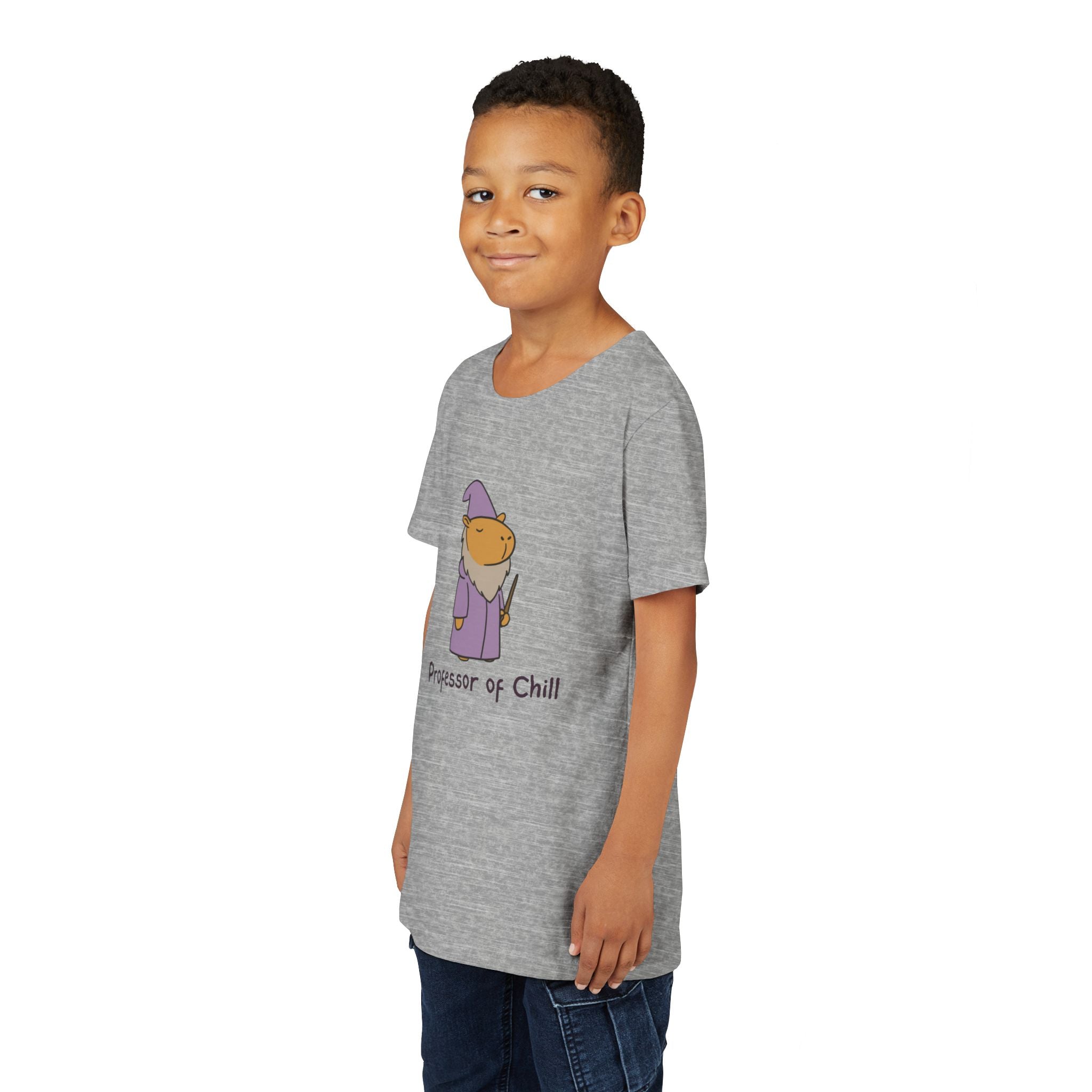 Capy Life youth t-shirt in heather grey featuring a wizard capybara graphic and Professor of Chill text on a boy
