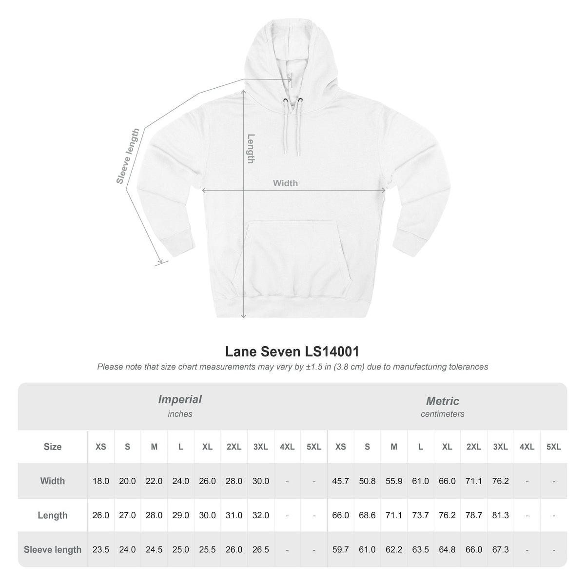 Capy Life white Lane Seven hoodie size chart showing length, width, and sleeve measurements for apparel sizing