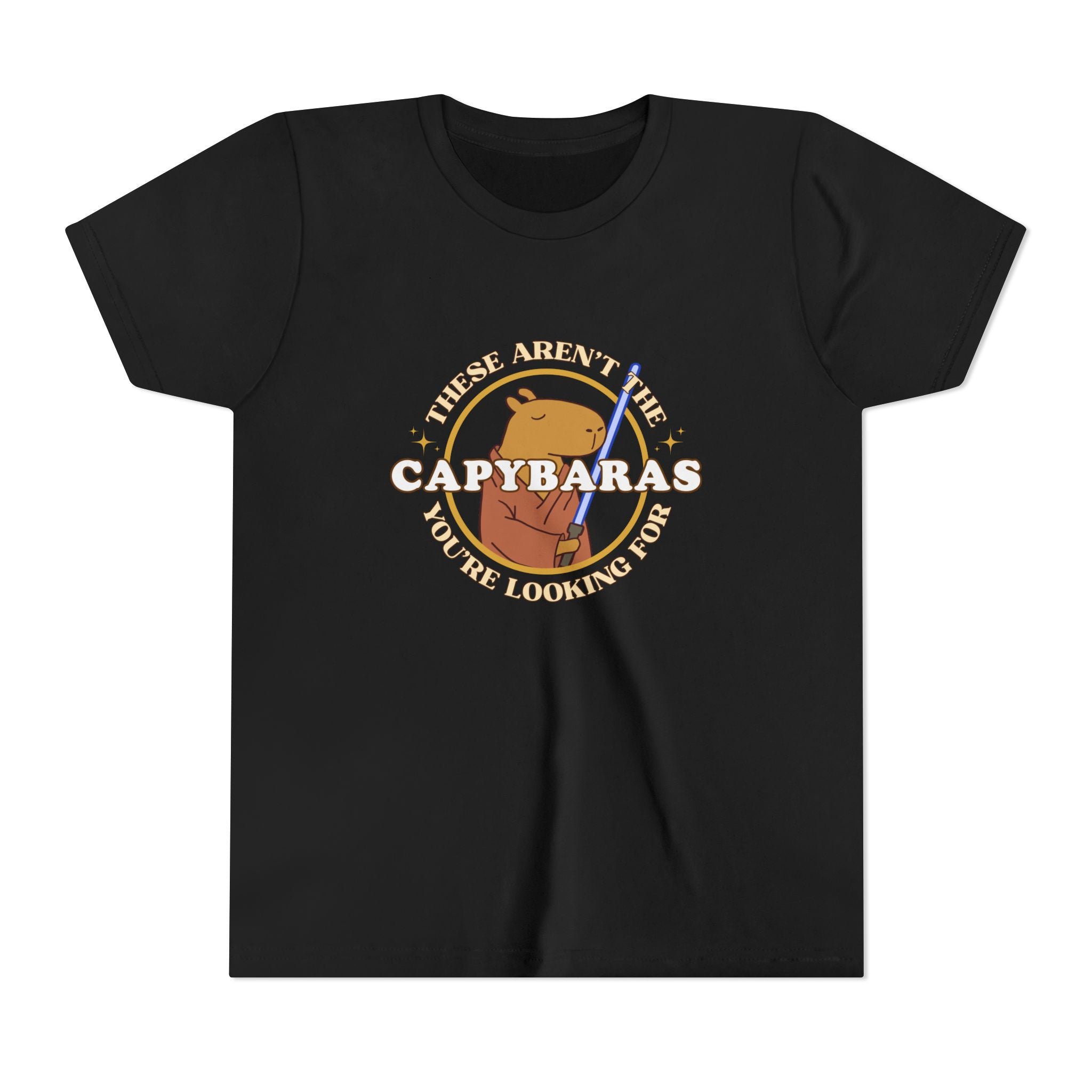 Capy Life black youth t-shirt featuring a comic-style Jedi capybara graphic with a lightsaber and Star Wars parody text.