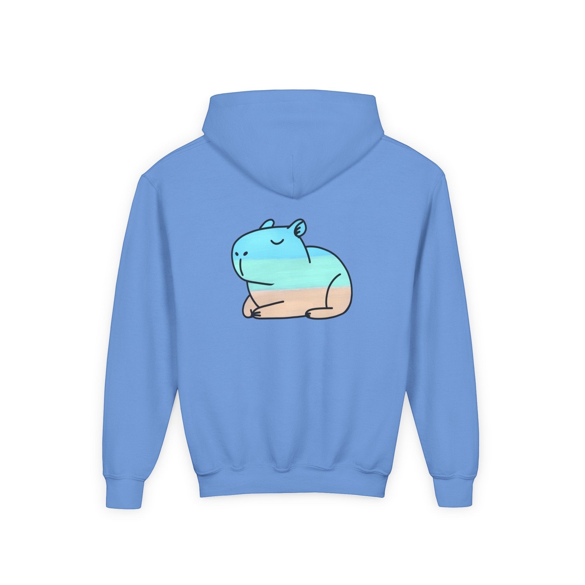Capy Life kids blue pullover hoodie featuring a playful hand-painted capybara beach graphic on the back