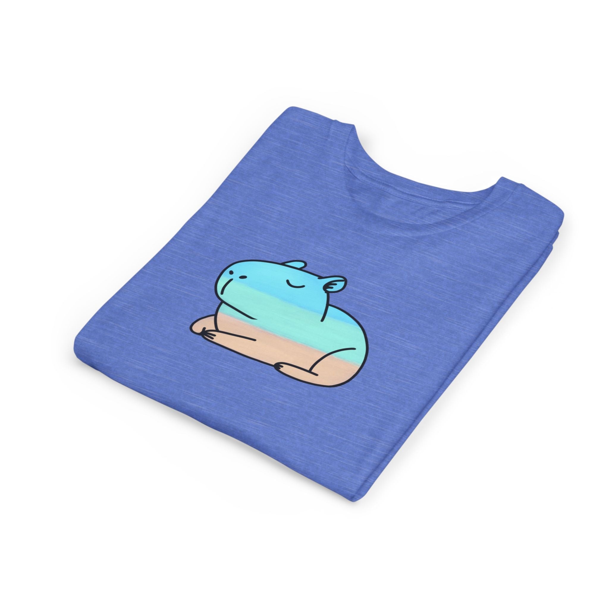 Capy Life kids blue t-shirt featuring a hand-painted style capybara graphic in soft beach tones.