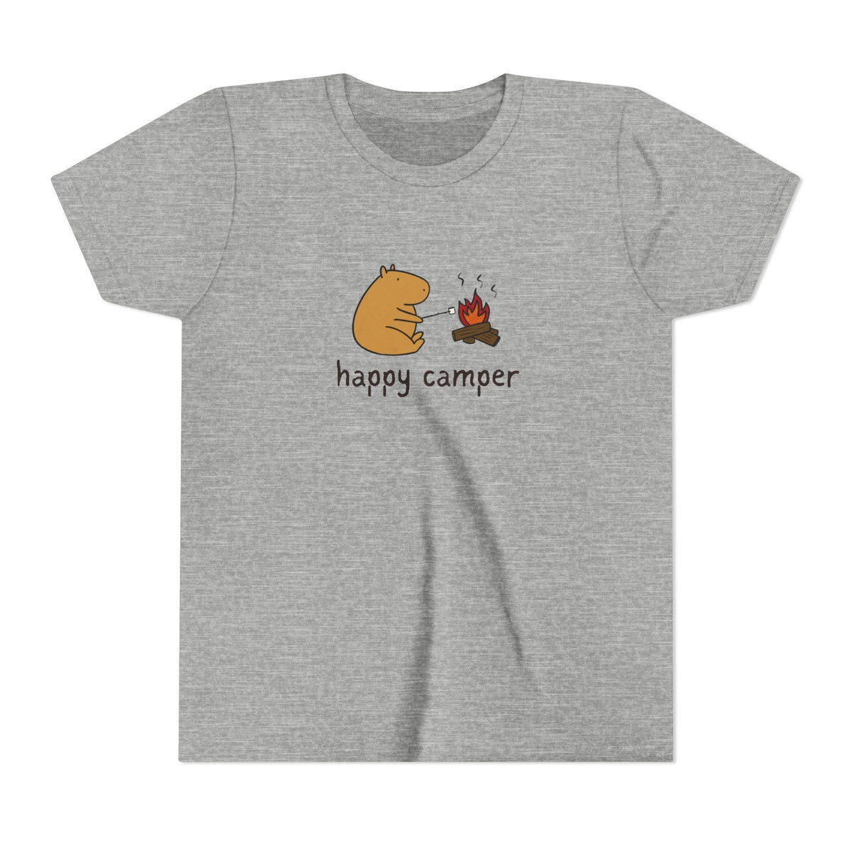 Capy Life kids grey t-shirt featuring a hand-drawn capybara roasting a marshmallow over a campfire with happy camper text