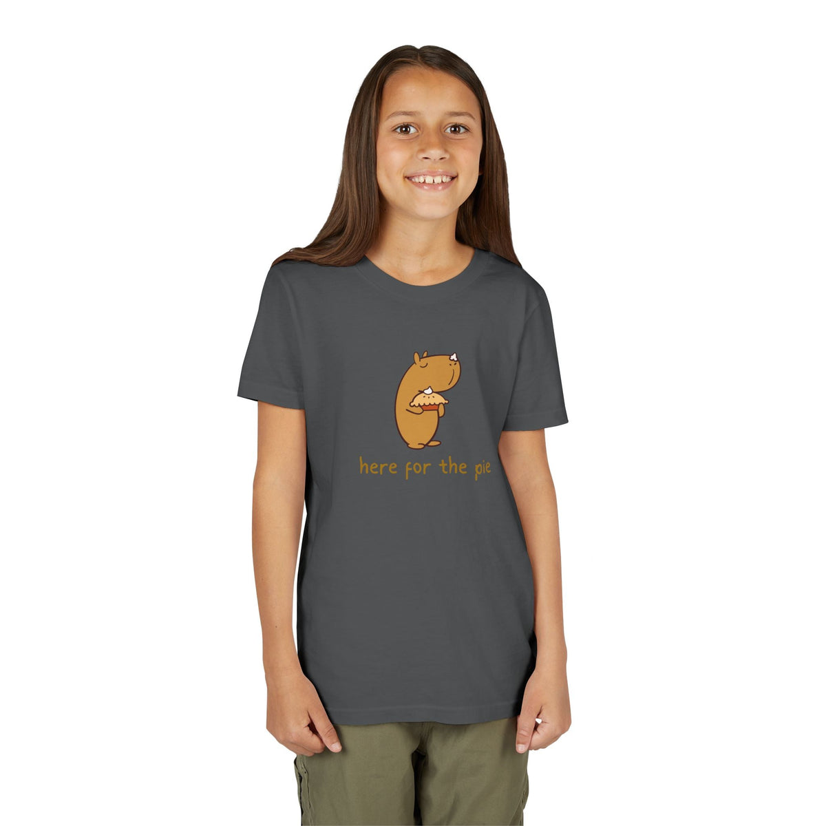 Capy Life kids charcoal grey t-shirt featuring a cute capybara holding a pie with whipped cream on its nose