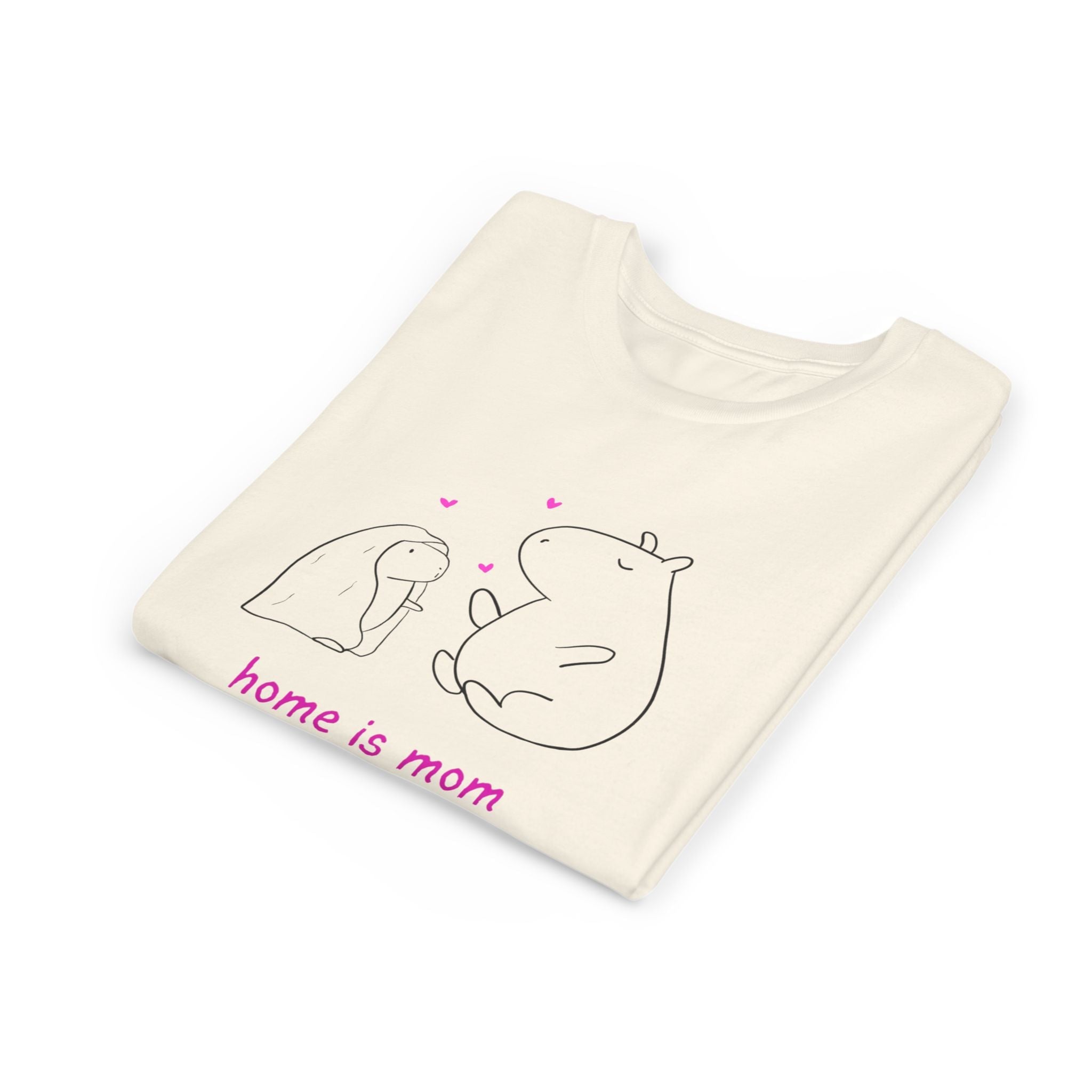Capy Life kids t-shirt in cream cotton featuring a minimalist capybara illustration and Home Is Mom text.