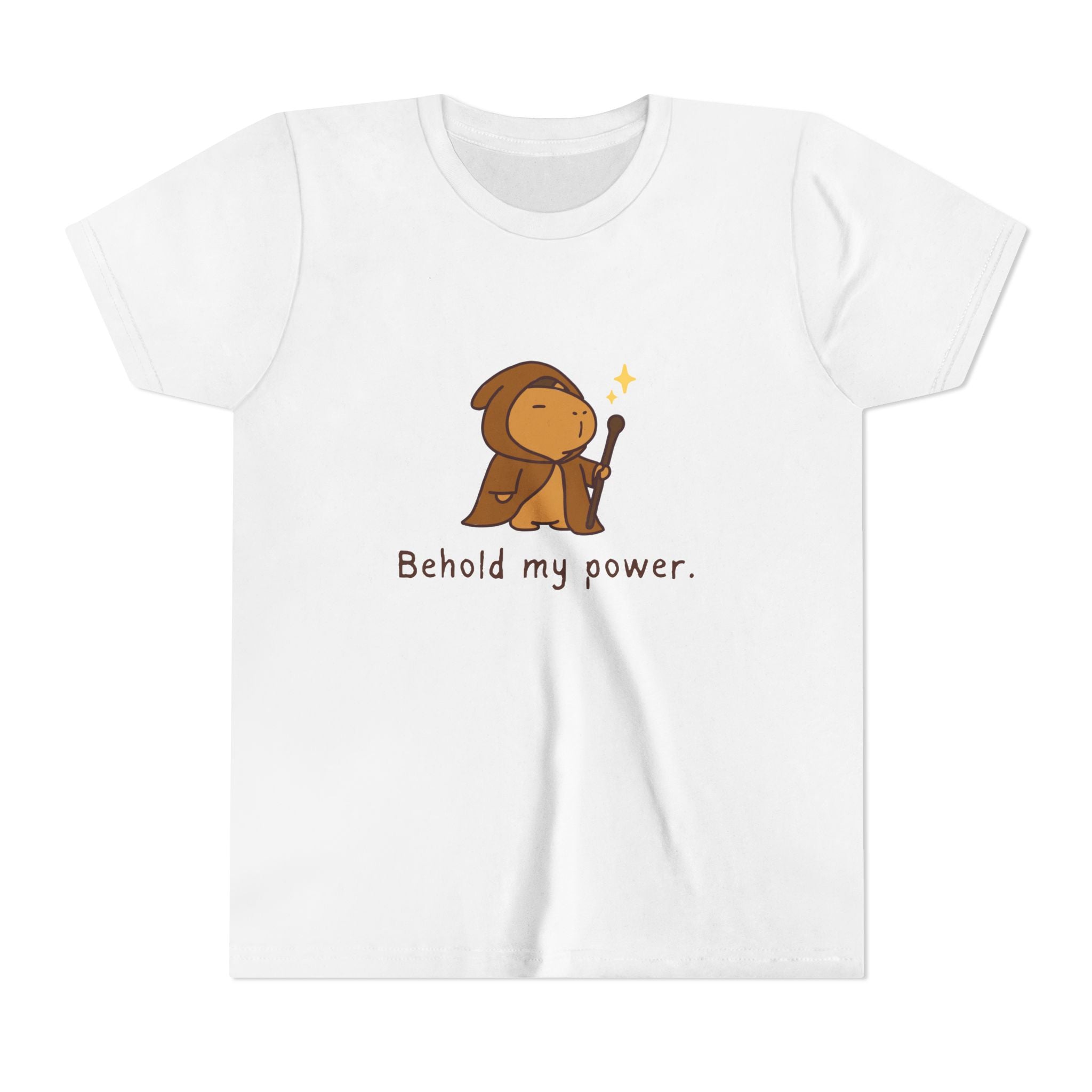 Capy Life white kids t-shirt featuring a cute hand-drawn capybara wizard with a wand and Behold my power text.