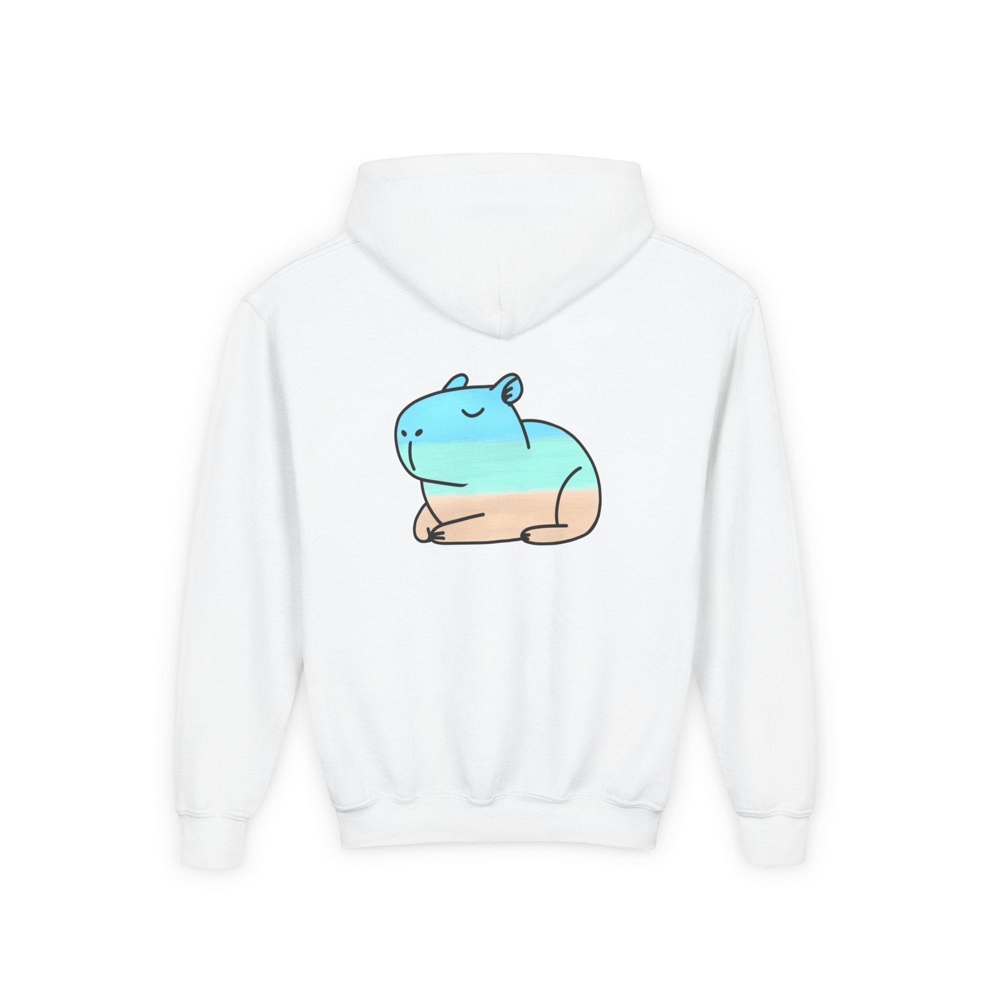 Capy Life kids white pullover hoodie featuring a hand-painted coastal capybara graphic on the back